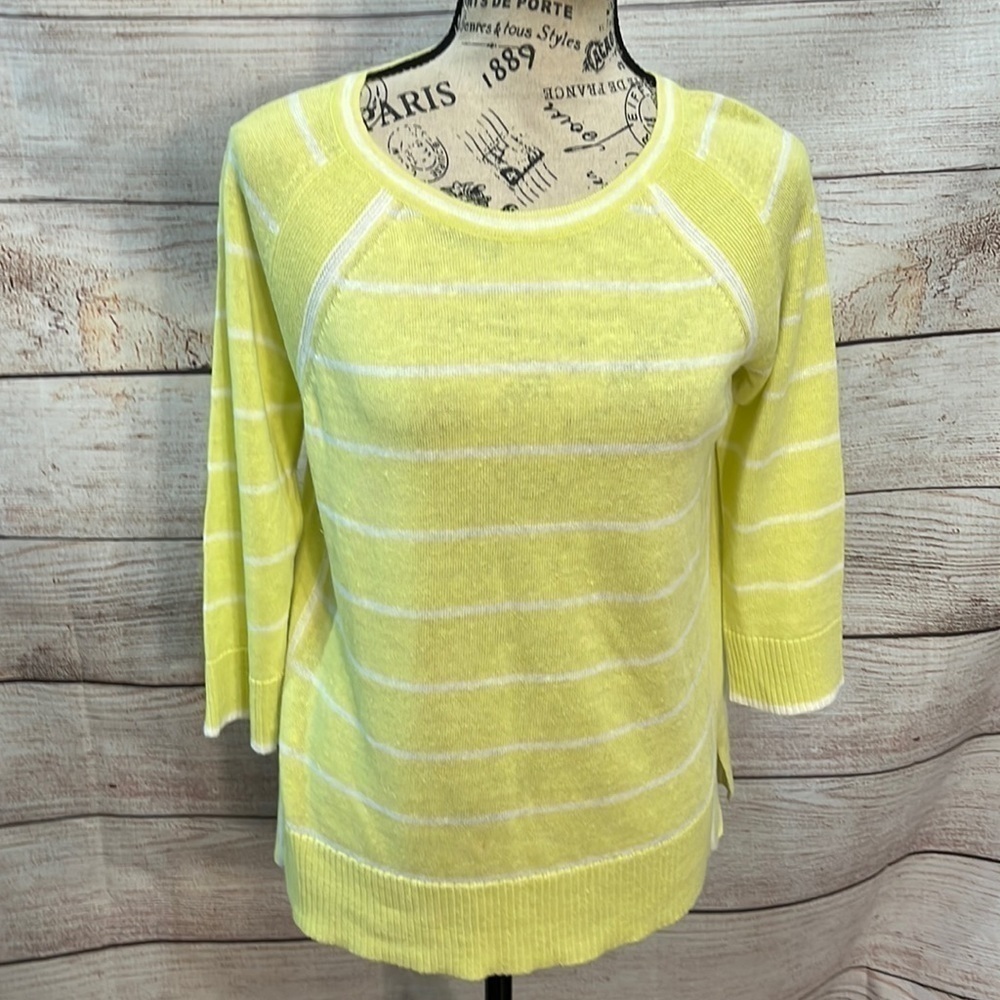 Kinross Linen Sweater Striped Lime Green Size Small 3/4 Sleeves Lightweight